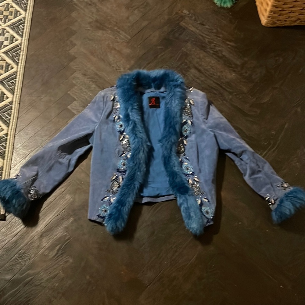 COPY - Gorgeous Adrienne Landau light blue suede and faux fur beaded jacket